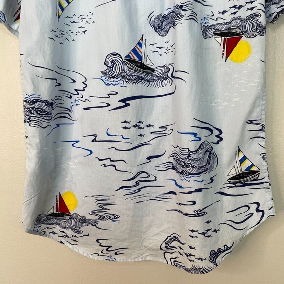 Old Navy Shirt Medium Blue Sailboats Nautical Coastal Short Sleeve Button-Up - Picture 6 of 8